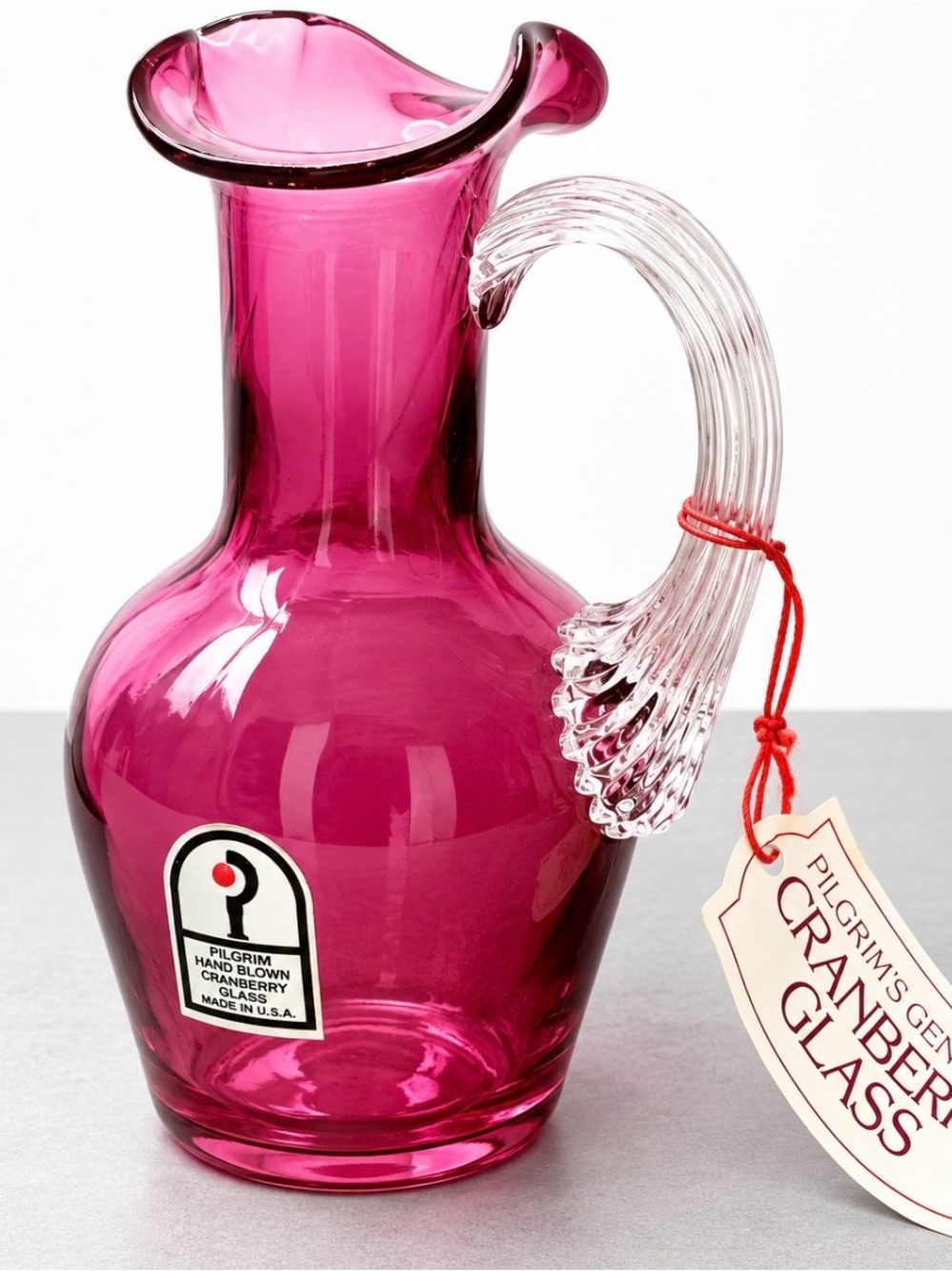 Vintage Pilgrim Cranberry Glass Pitcher Hand Blown Clear Handle Tagged